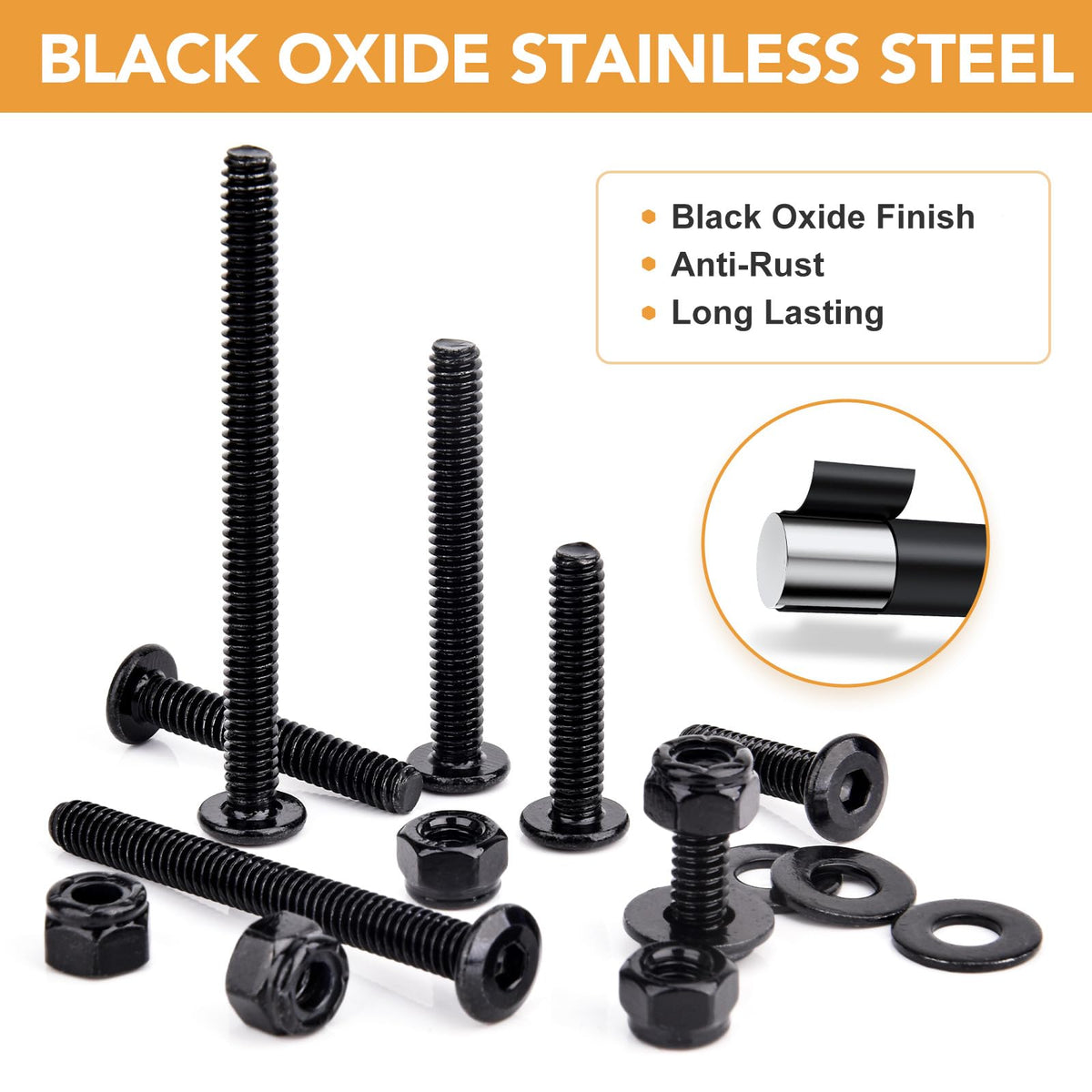 VIGRUE 175PCS 1/4-20 Flat Socket Head Screw Assortment Furniture Bolts Countersunk Screws Lock Nuts Kit, Stainless Steel 18-8 (304), Black Oxide, Length 3/4" to 3"