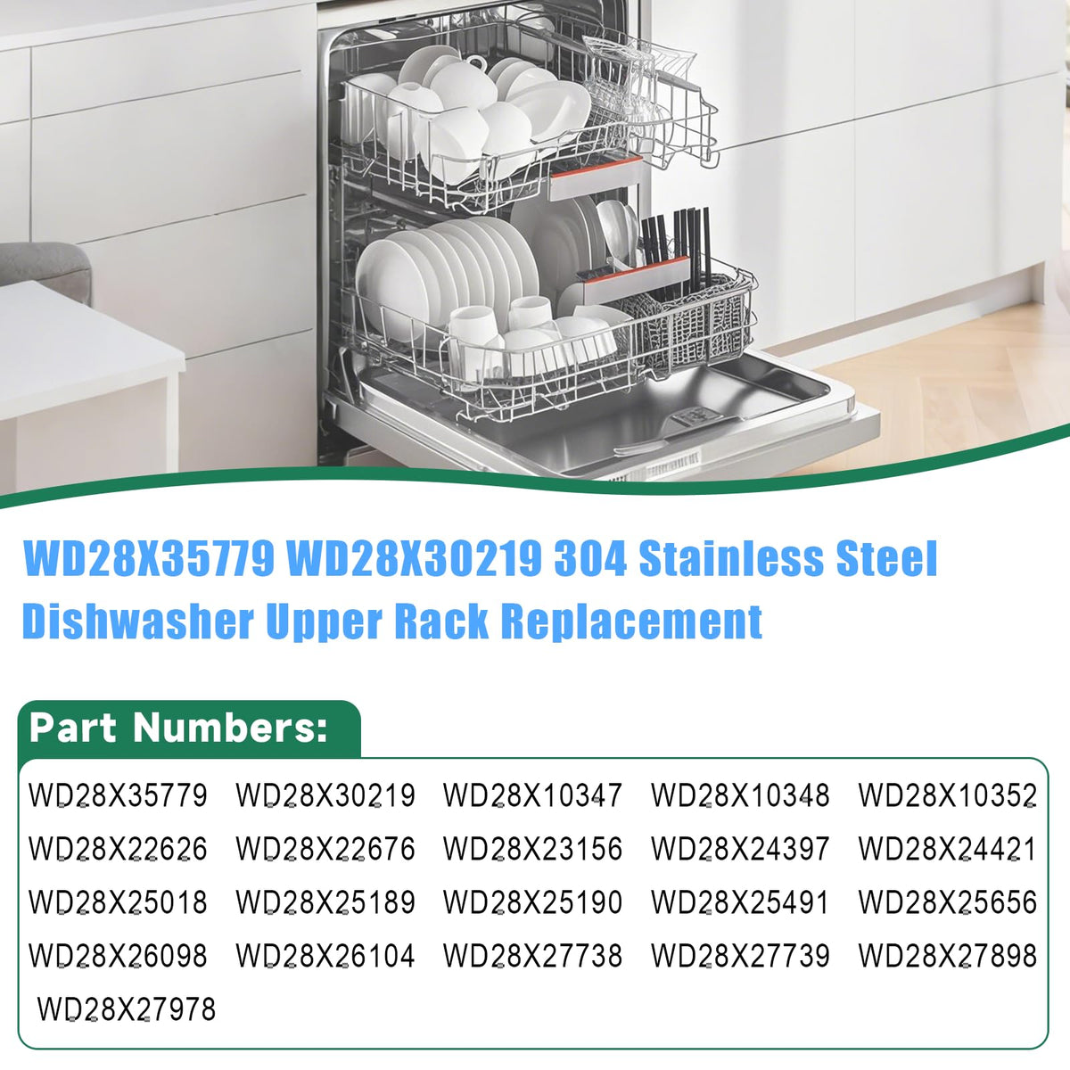 Upgraded 304 Stainless Steel WD28X35779 WD28X30219 Dishwasher Upper Rack Replacement for GE Dishwasher Rack Parts Hotpoint Models ADT521PGF0BS ADT521PGF0WS with WD12X22801 Wheels