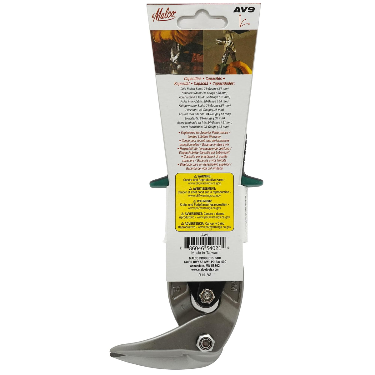 Malco AV9 Vertical Aviation Snip – RIGHT Cut - Green Grip, 90° Upright Jaws for Tight Spaces & Overhead, 24-Gauge Steel & 28-Gauge Stainless, Serrated Upper Jaw, Forged Steel, HVAC & Roofing