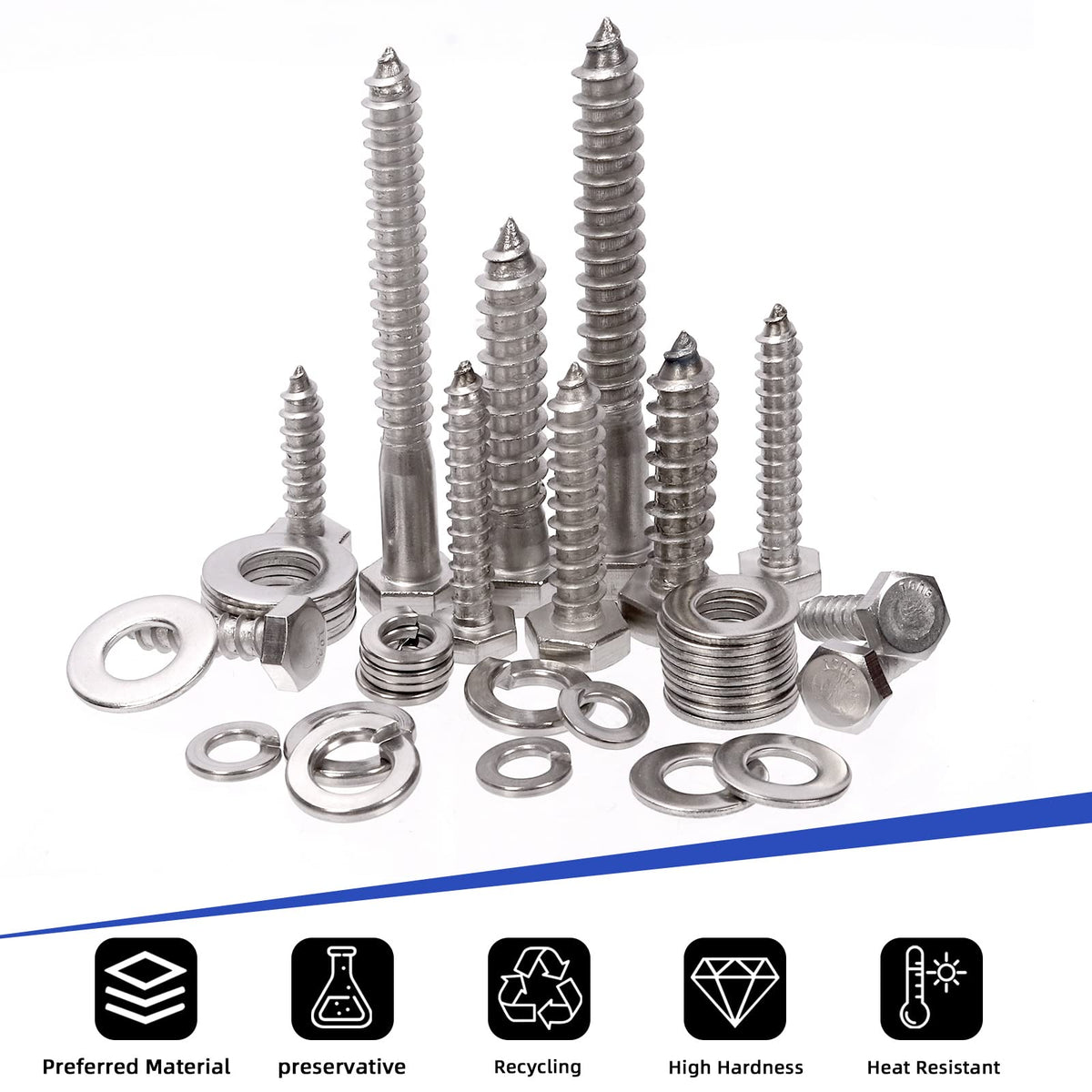 Glarks 201Pcs 1/4" 5/16" 3/8" 304 Stainless Steel Hex Lag Screws Assortment Kit Hex Lag Bolts with Flat Washers and Lock Washers Set for Fixing Metal, Wood, Plastic Materials