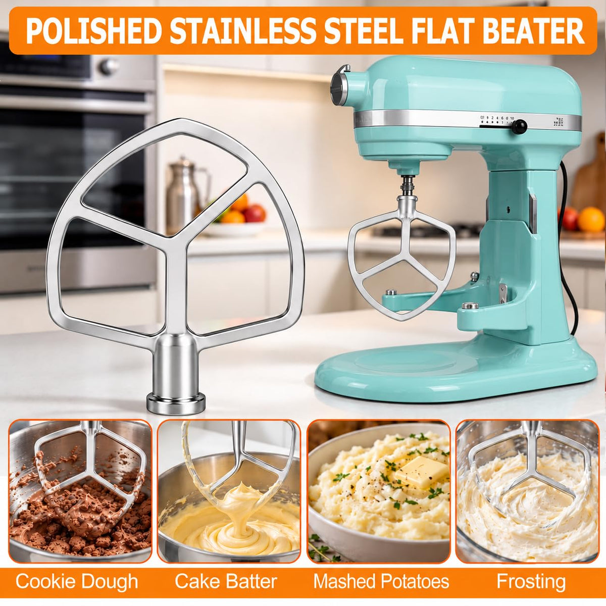 6 Quart Stainless Steel Flat Beater Compatible with KitchenAid 6 Quart Bowl-Lift Stand Mixers,perfect replacement accessory for mixing cookie dough, cake batter,Dishwasher Safe
