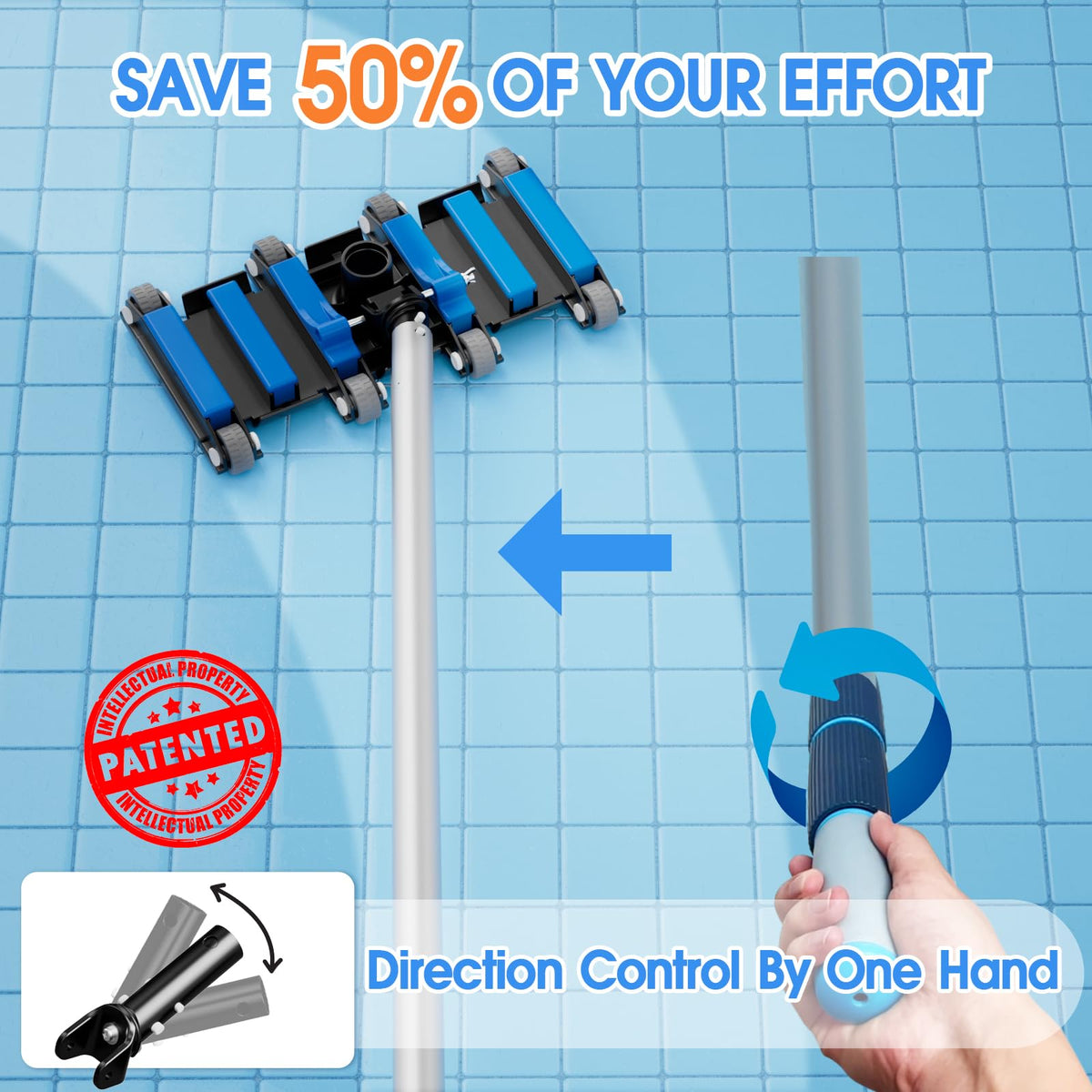 Commercial-Grade 4.4 LB Weighted Pool Vacuum Head & Swivel Handle - Lab-Tuned Brush,Debris Guide & Non-Slip Wheels for High-Efficiency Cleaning,Inground & Above Ground Swimming Pools – Blue