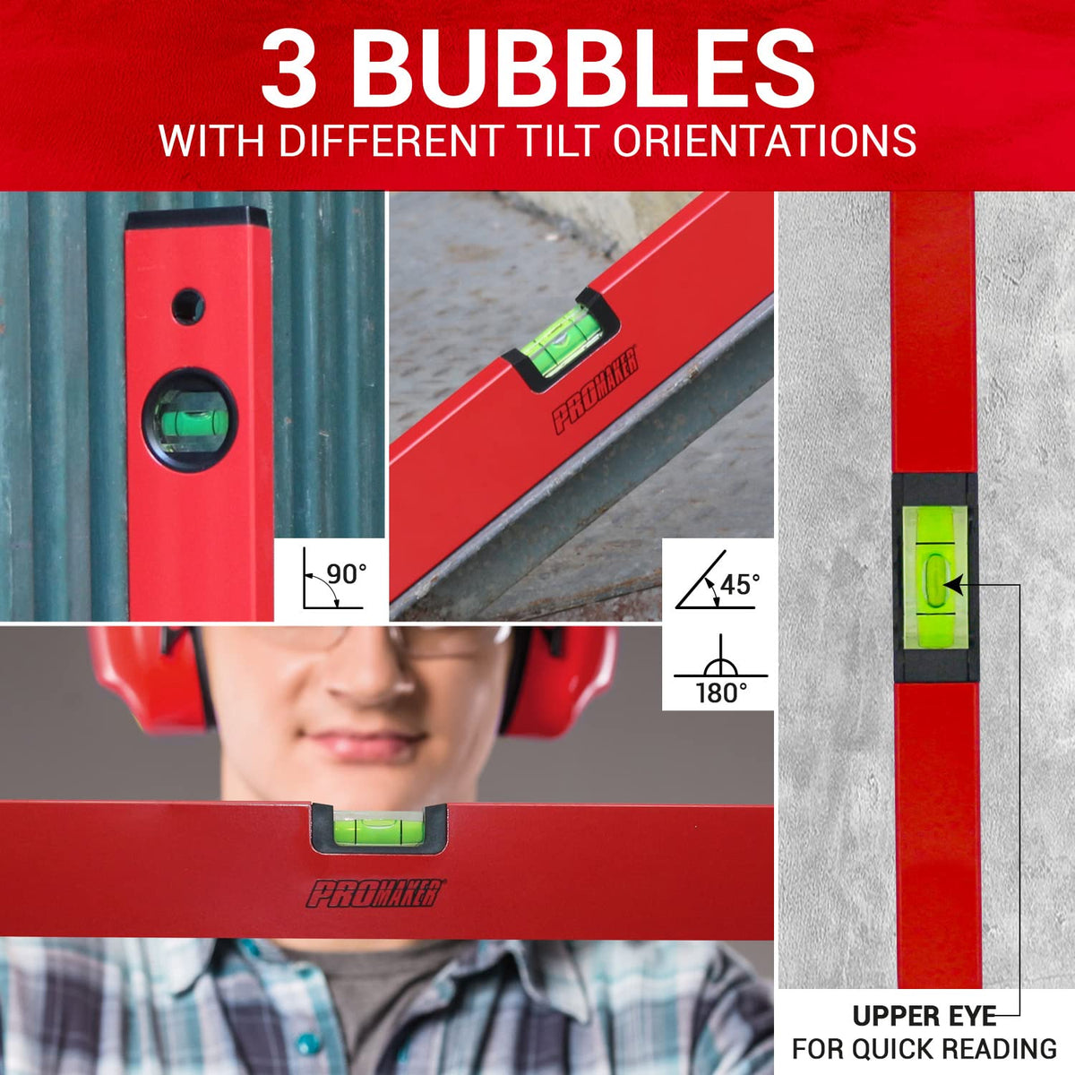 PROMAKER 24 Inch Magnetic Level, Aluminum Spirit Level with 3 Bubble Vials