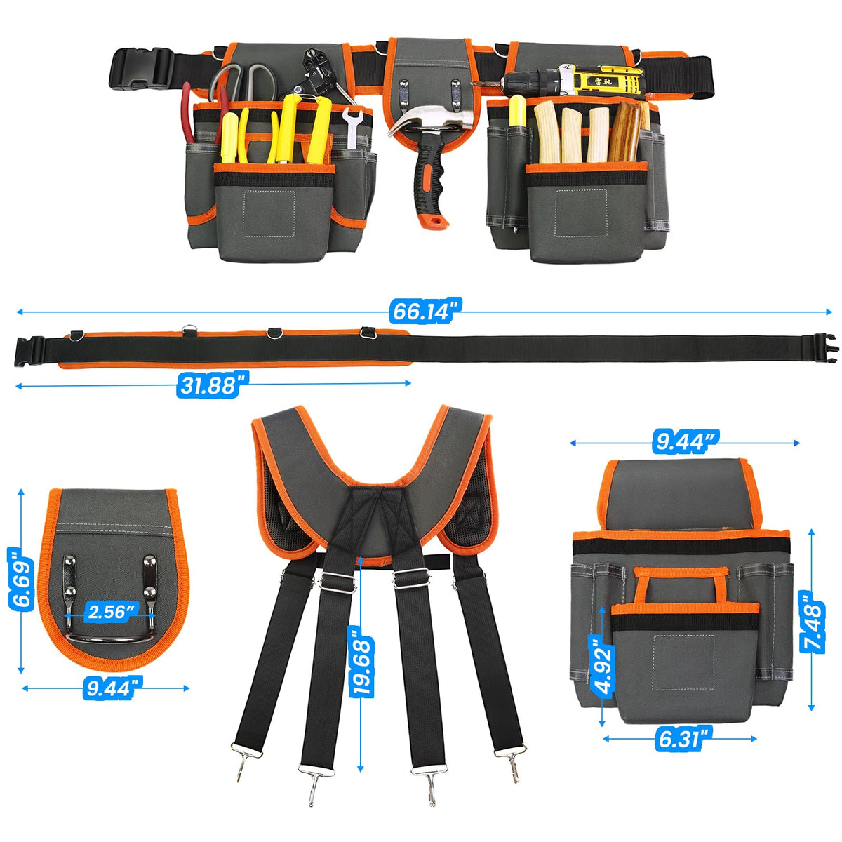 Tool Belt with Suspenders for Men, Professional Heavy Duty Tool Pouch