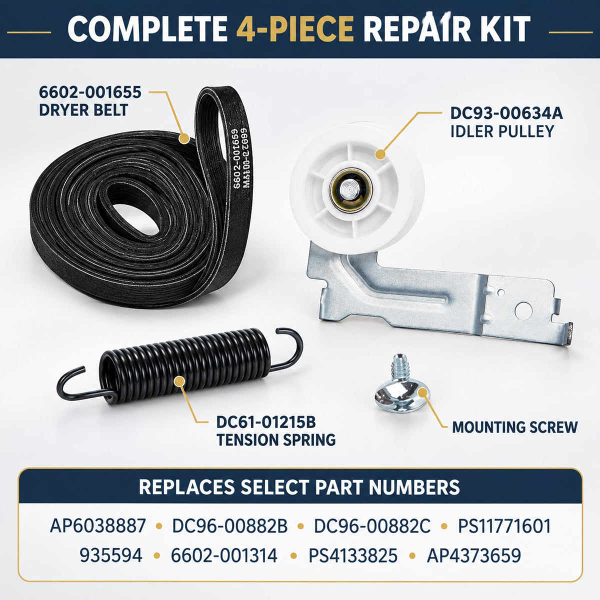 Upgraded Pulley Belt Parts for Samsung Dryer, 6602 001655 Dryer Belt and DC93-00634A Idler Pulley [Enhanced ],DC61-01215B Tension Spring,Replacement dv45h7000ew,dv48h7400ew,dv42h5000ew,dv48j7700ew