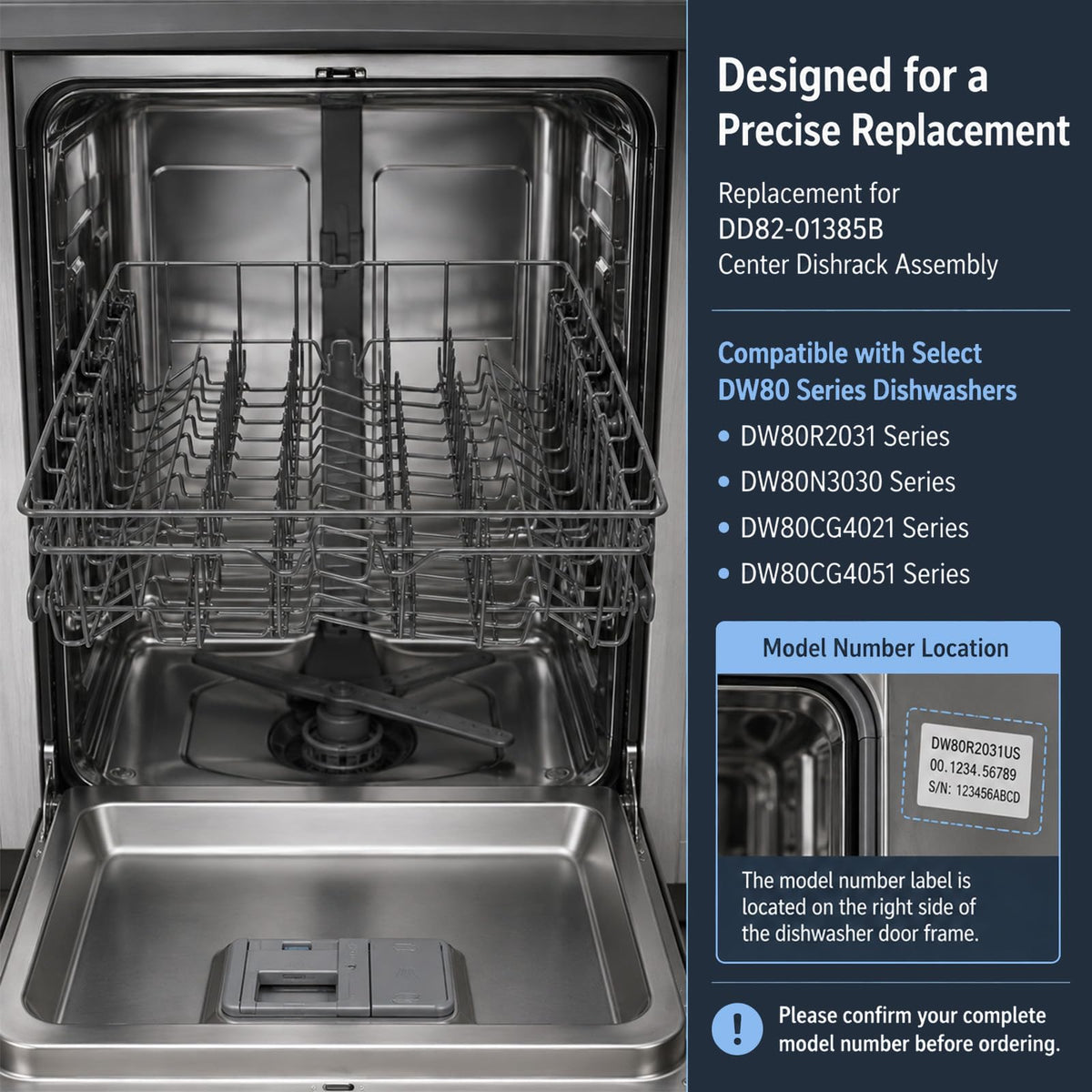 DD82-01385B A/S Dishwasher Rack Assembly Compatible with Samsung Dishwasher Rack Replace Number 4978666 AP6807483 Center Dishrack Fit Samsung DW80R2031US DW80N3030US DW80CG4021SR