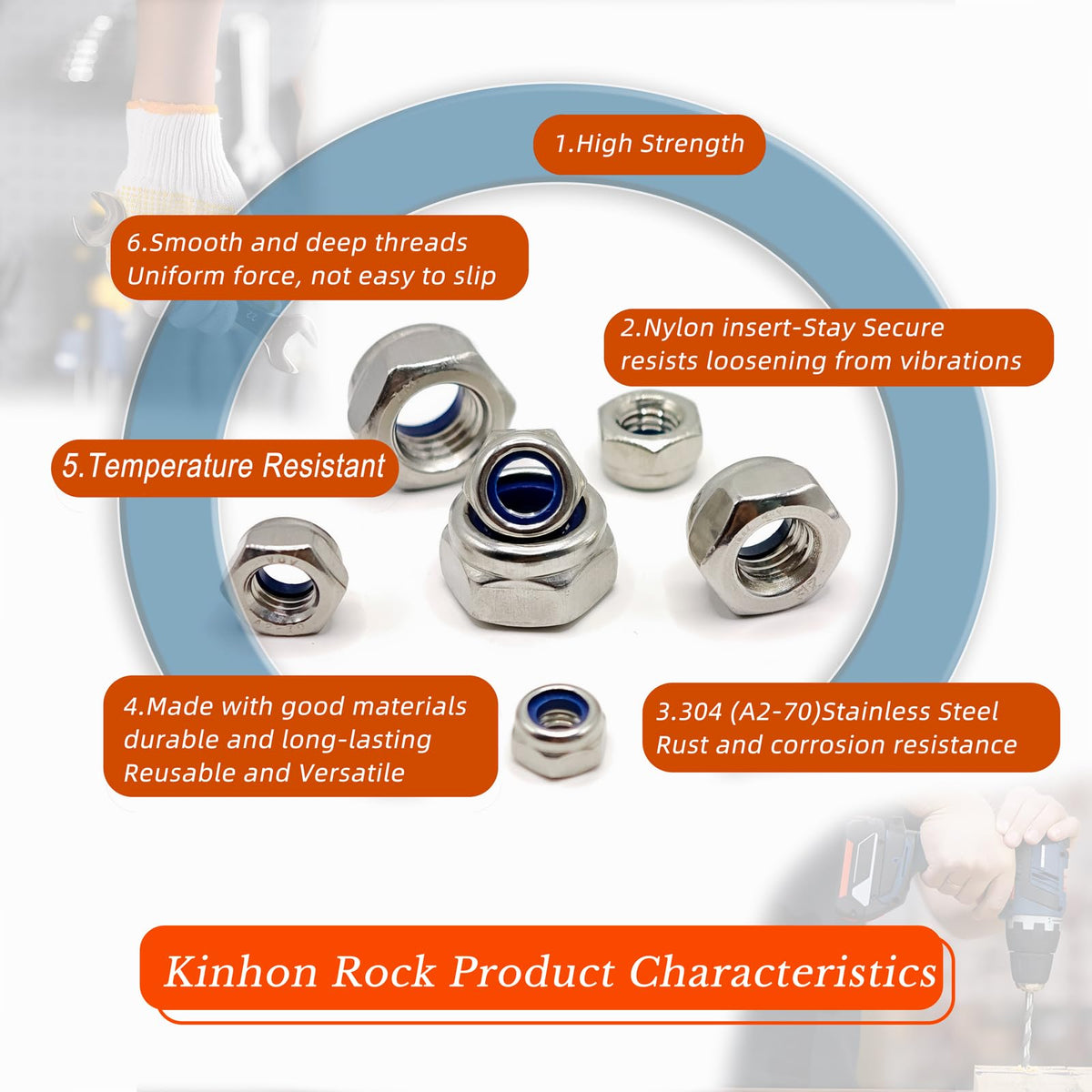 Kinhon Rock 401pcs Metric Nylon Insert Lock Nuts Assortment Set DIN 985 304 Stainless Steel Nylon Locknuts Hex Locknuts Kit with Box M3 to M12 Reusable Anti-Loose Corrosion-Resistant for RC Car DIY