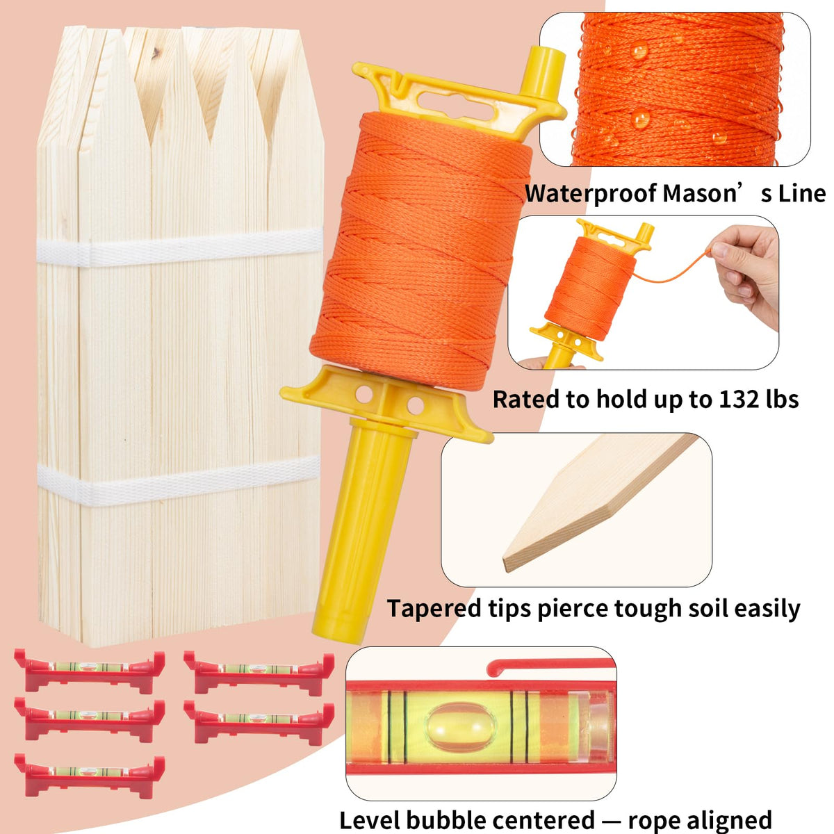 12inch Red Construction String Line Kit: 20 Wood Stakes, 540ft Mason Line, 5 Levels