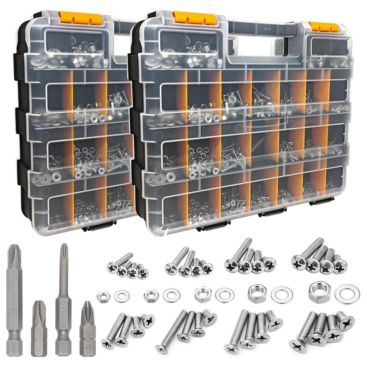 1609 PCS Machine Screws Assortment Kit, 304 Stainless Steel Nuts and Bolts,Phillips Pan Head and Flat Head Screws with Nuts, Bolts,Washers and 4pcs Screwdriver Bit, Double Sided Organizer