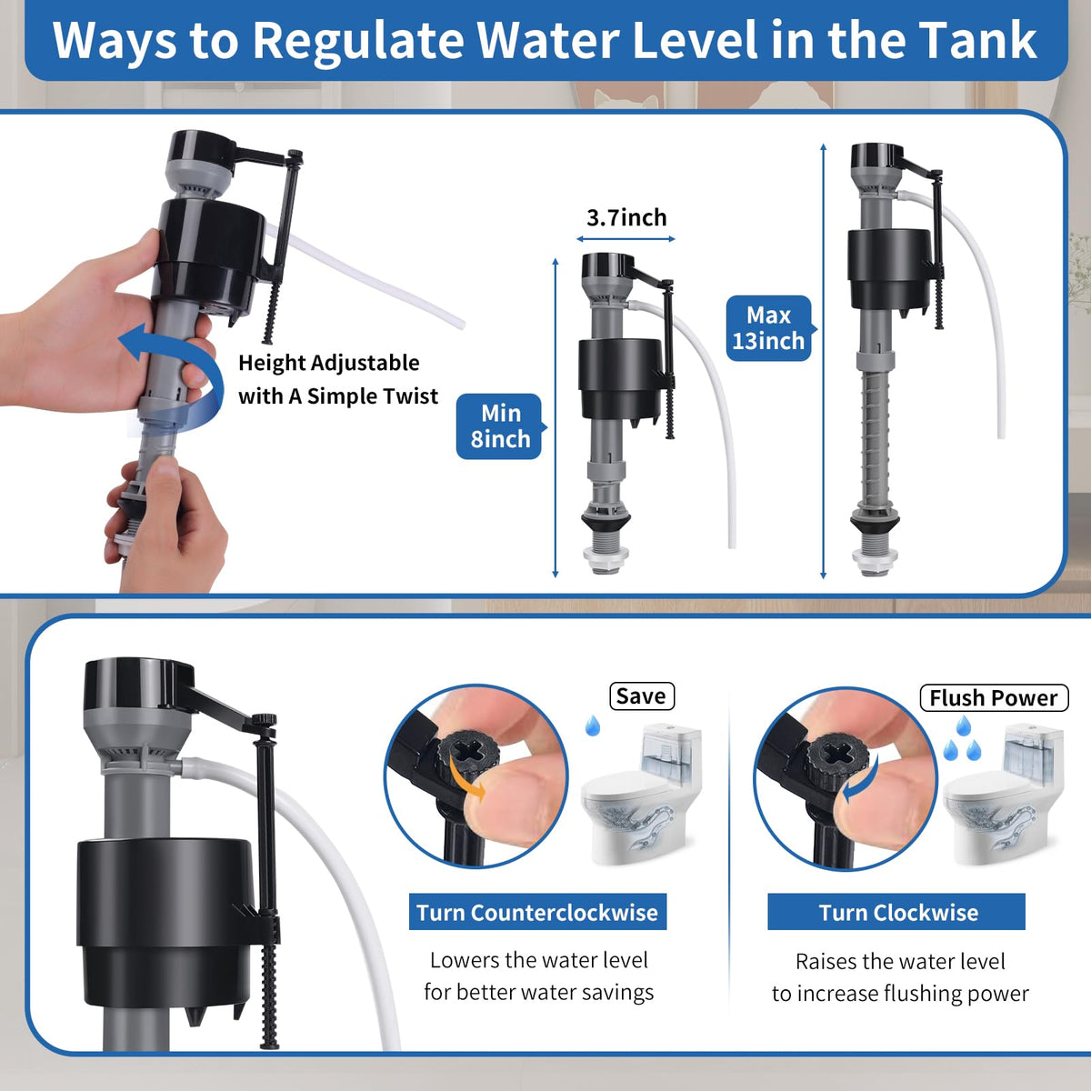 4 Pack Toilet Fill Valve Replacement Kit with Gloves, Adjustable Universal Toilet Tank Fill Valve, Quiet Leak-Proof Toilet Valve for Easy DIY Home Repair (8–13 in, G15/16")