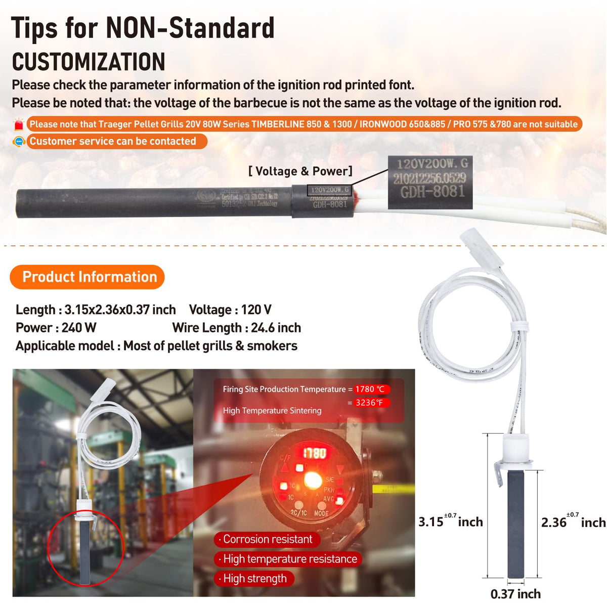 HEATFOUNDER 90S Ignition Time Silicon Nitride Hot Rod Igniter Pellet Grill Igniter Rod for Pitboss Camp Chef 100% Pit Boss Igniter Replacement Hot Rod Igniter Heating Element