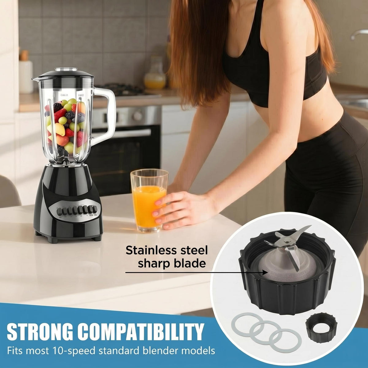 for Black & Decker Blender Replacement Parts Stainless Steel Blender Blade Compatible Blenders BL2020S BL2010WP BL2010BPA with Jar Base Cap and 3 Rubber O Ring Seal Gasket Accessory Refresh Kit