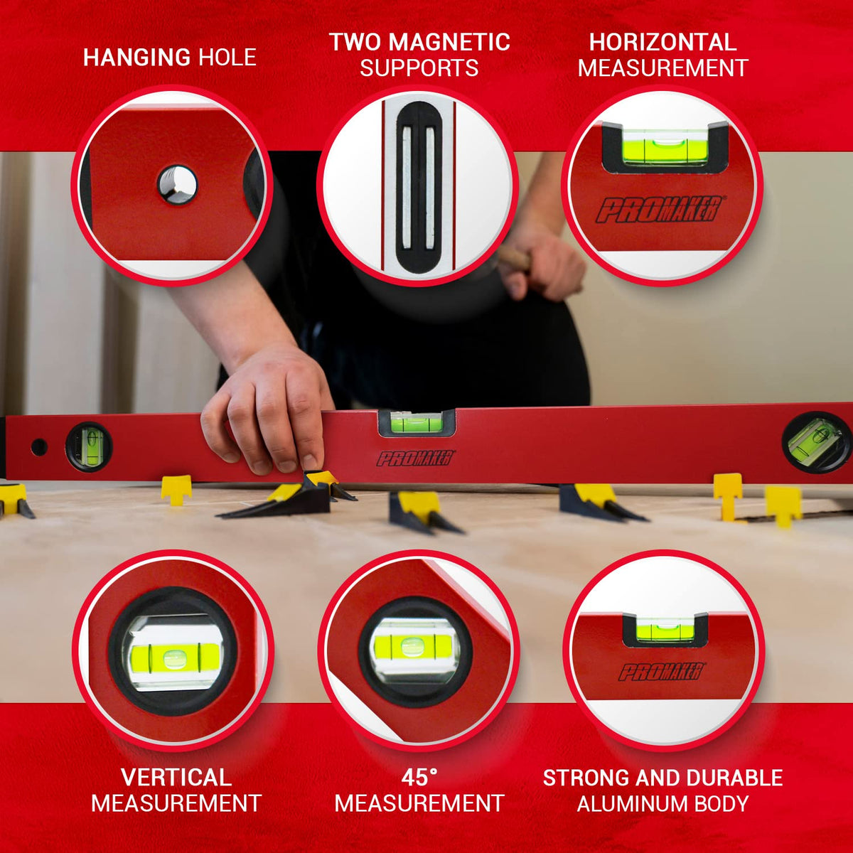 PROMAKER 24 Inch Magnetic Level, Aluminum Spirit Level with 3 Bubble Vials