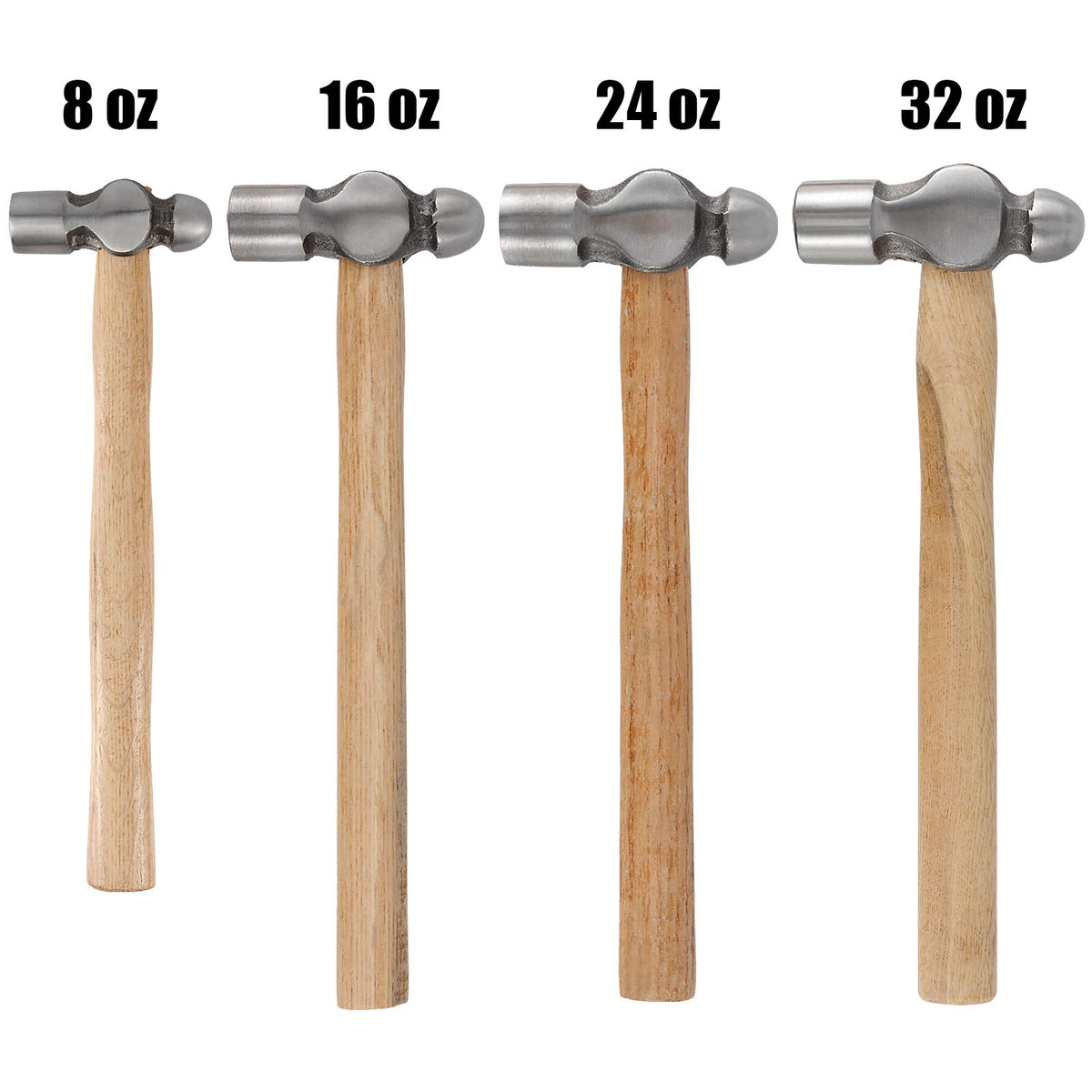 ZEONHAK 4 PCS Ball Peen Hammer, 8 OZ,16 OZ, 24 OZ, 32 OZ Ball Peen Hammer Set with Wooden Handle and Non-Slip Shock Absorbing Grip for Metal Rivetc
