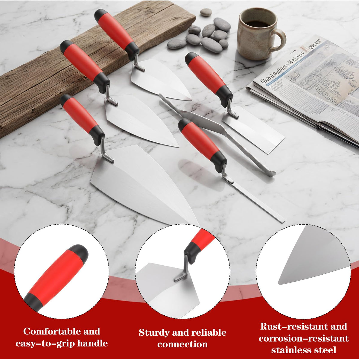 Kuyeyzu 6 Pcs Masonry Hand Tools Set Includes 11" Brick Trowel, 2 Pointing Trowels, 5" Margin Tool, 11.5" Tuck Pointing Tool, and 5/8" x 1/2" Convex Brick Jointer