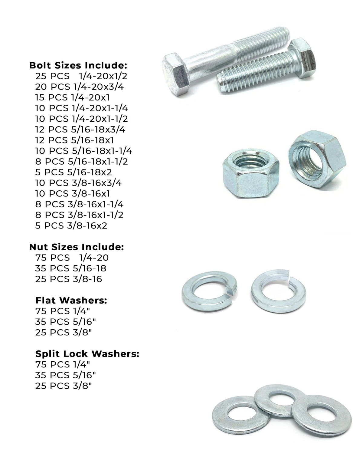 Grade 5 Hex Cap Bolts Screws, Nuts, Washers, Lock Washers Assortment Kit - 574 Pieces!