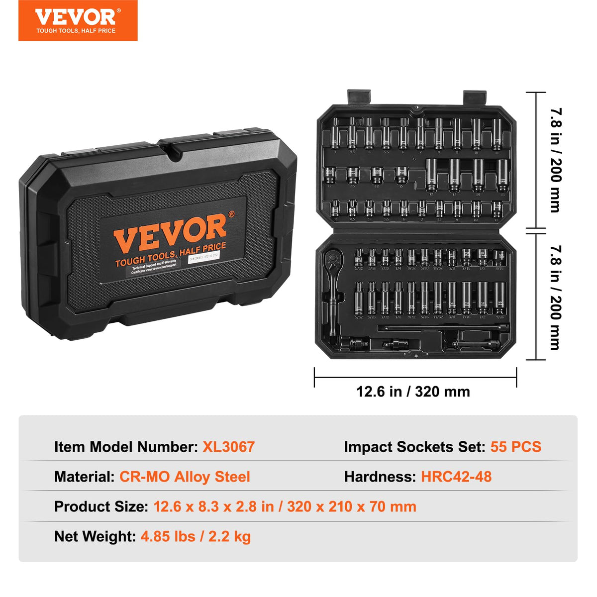 VEVOR Impact Socket Set 1/4" Drive, 55-Piece Deep & Shallow Socket Set Standard SAE (5/32 to 9/16 inch) & Metric (4 to 15 mm) Size, 6 Point, CR-V, Extension Bar, Universal Joint, Reducer