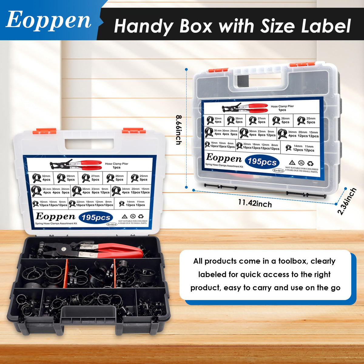 Eoppen 195Pcs 6-38mm Spring Hose Clamps Assortment Kit with Swivel Flat Band Fuel Hose Clamp Plier - 23 Sizes Fuel Line Silicone Vacuum Hose Low Pressure Air Clamps