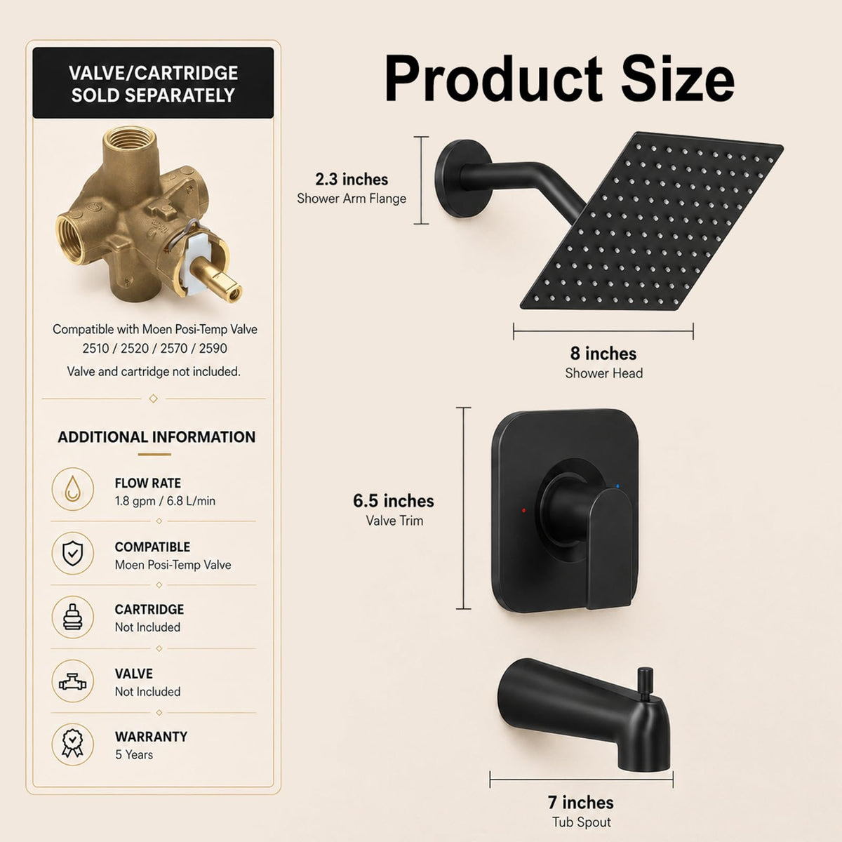 Compatible with Moen Posi-Temp Valve Tub Shower Trim Kit, Replacement for 2510, 2520, 2570, 2590 Valve Shower Faucet Set with 8 Inch Shower Head, Matte Black (Valve and Cartridge Not Included)