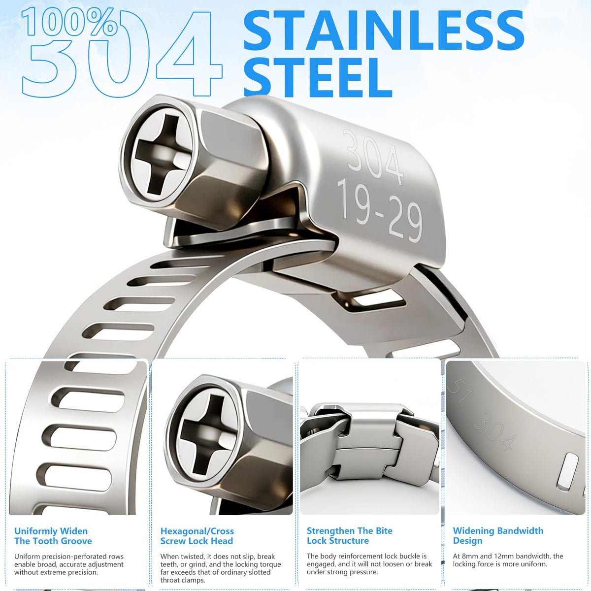 186pcs 304 Stainless Steel Hose Clamp Kit 8 Sizes From 1/4"-2" (6-51mm)
