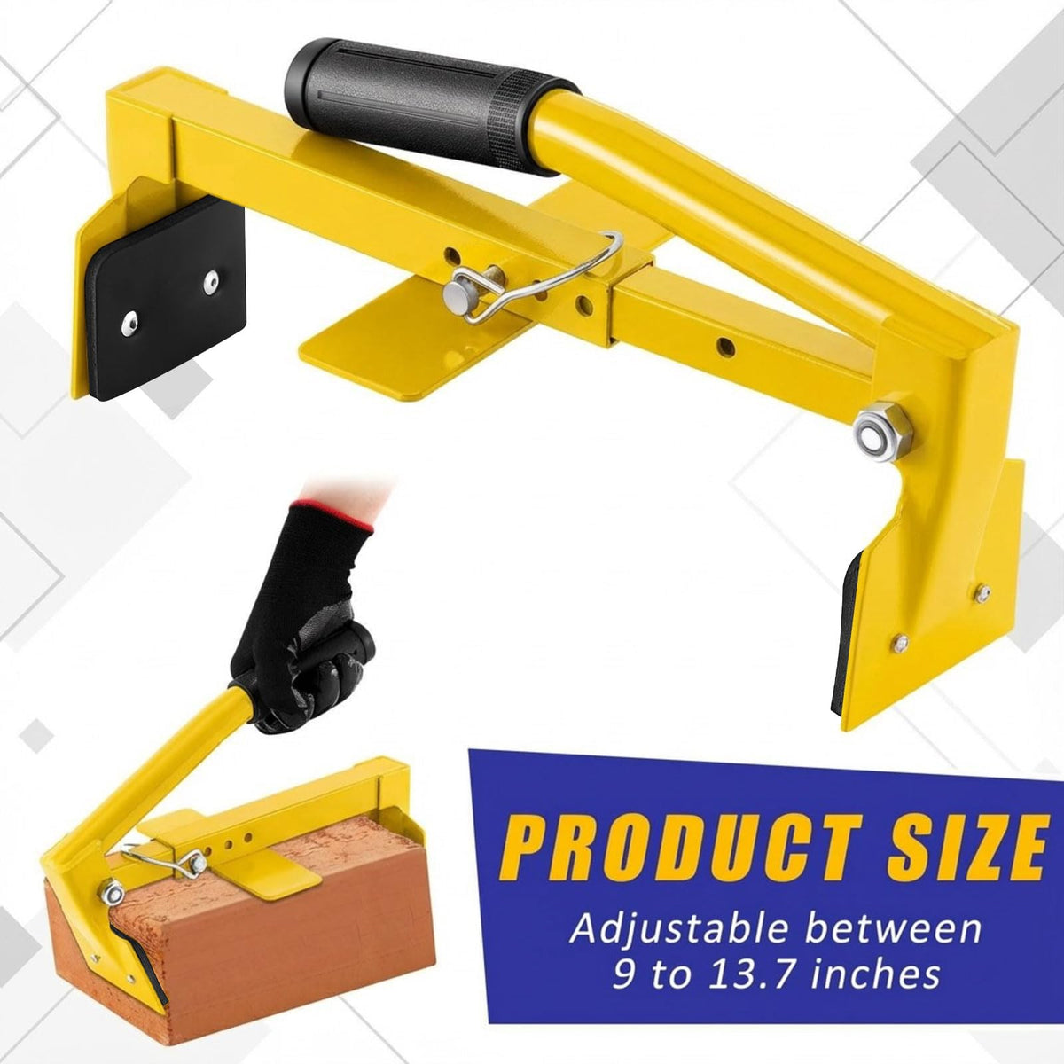 Lanties Adjustable Heavy Duty Brick Tongs Set Heavy Duty Block Tongs with Rubber Pad Handle and Work Gloves Adjustable 9-13.7 Inches Paver Tool for Bricks Lifting Carrying