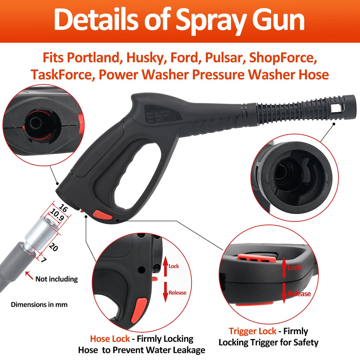 Bear Force High Pressure Water Spray Gun Wand Nozzle, Replacement Pressure Washer Gun Compatible with Portland Pulsar Husky Powerwasher TaskForce TaskMaster ShopForce Electric Pressure Washers