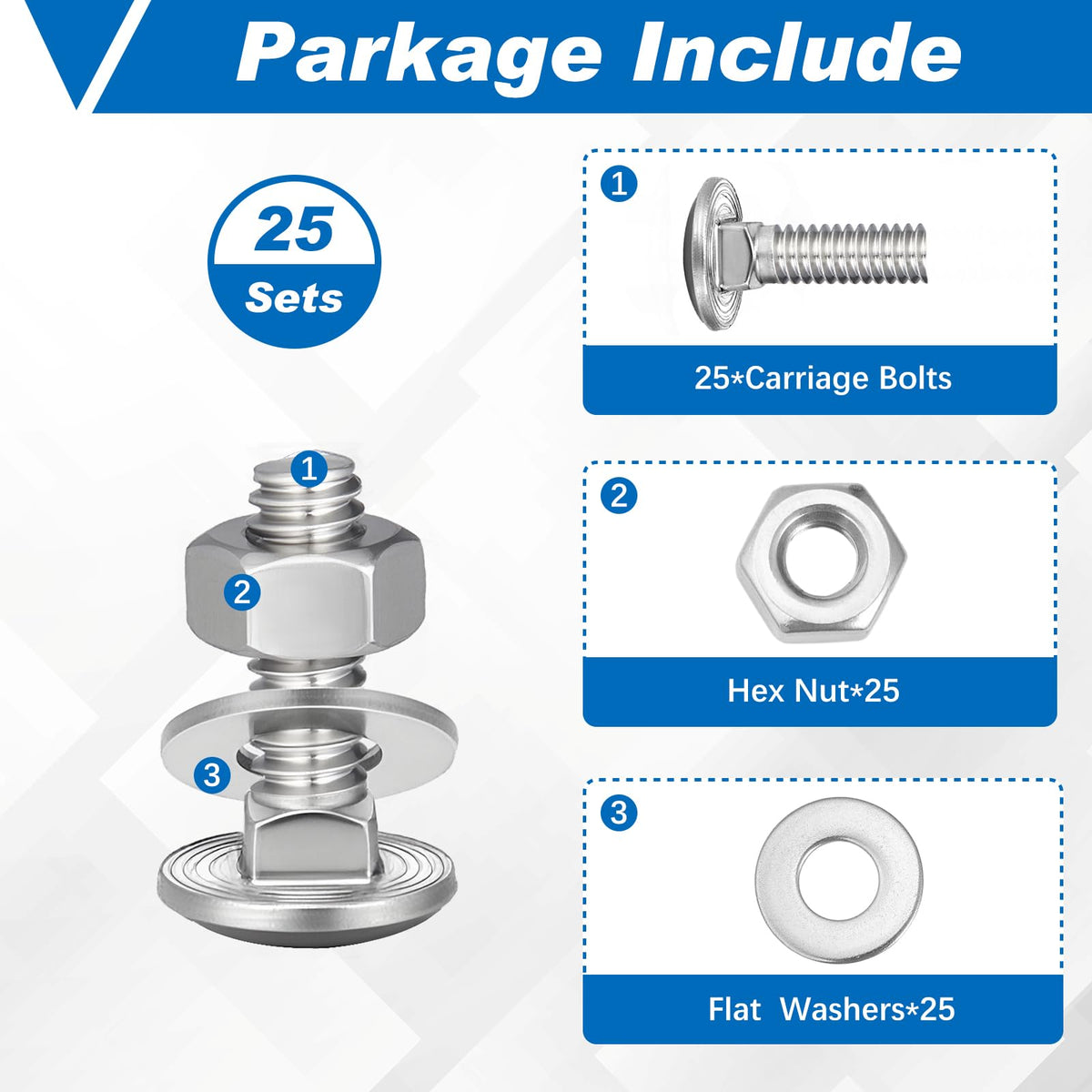 Zonon 25 Sets 3/8-16 x 1" Carriage Bolts and Nuts Kit,Silver