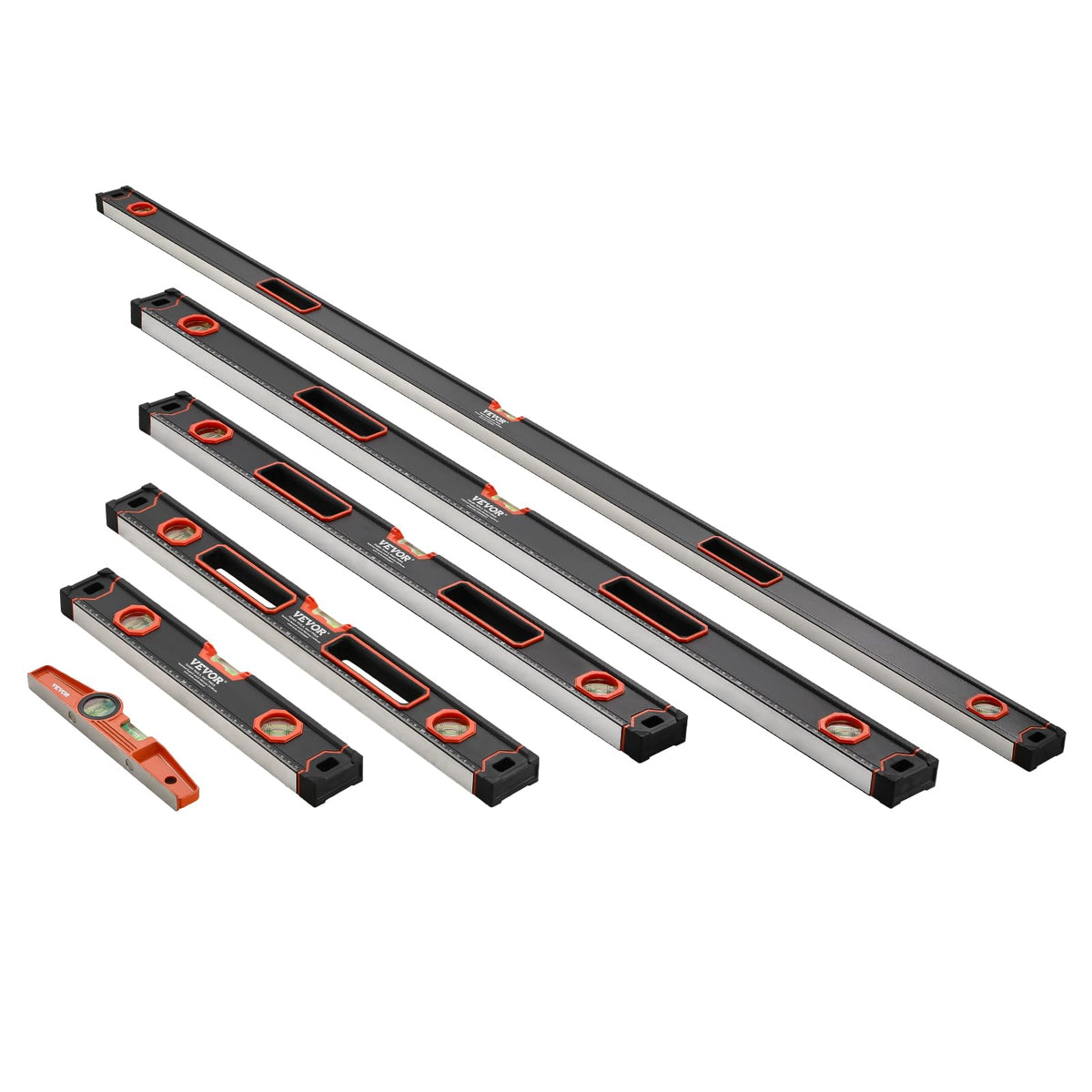 VEVOR 6-Piece Torpedo Level, 78/48/32/24/16/10 Inch Box Levels Set, Bubble Vials Ruler for 45/90/180 Degree, Shock-Proof Aluminum Alloy Magnetic Leveler Tool, SAE/Metric Scale(Only 10-inch has magnet)