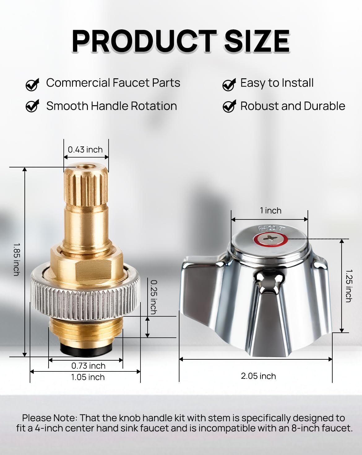 Phivan 4" Brass Faucet Handle Cartridge Replacement Stem Assembly Faucet Valves Hot and Cold Knob Handle Kit with Stem for Kitchen & Bathroom Knob Handles