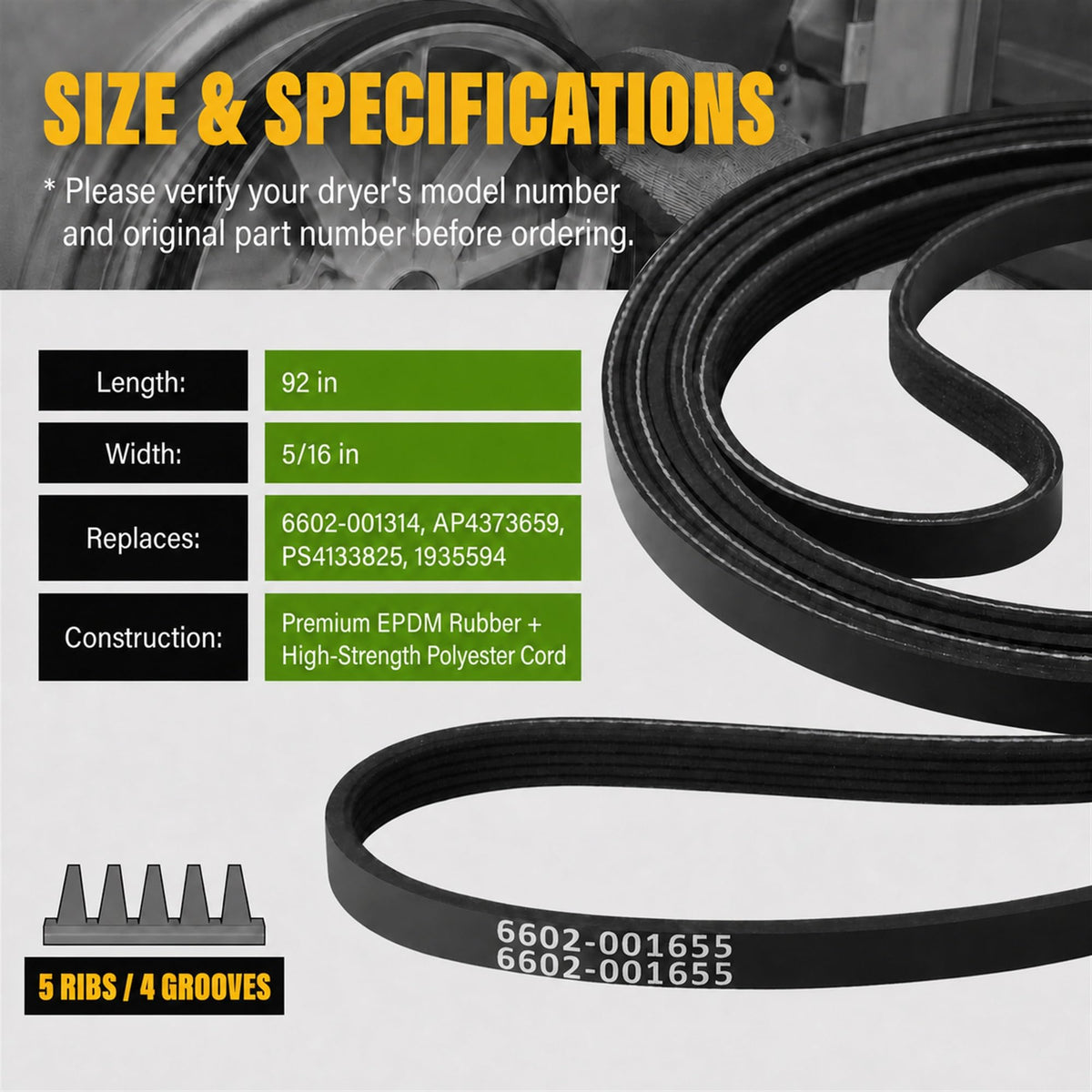 JZWON 6602-001655 Dryer Drum Drive Belt, 92-Inch x 5/16-Inch, 5-Rib 4-Groove Replacement for Select Samsung and Kenmore Dryers, Replaces 6602-001314, AP4373659, PS4133825