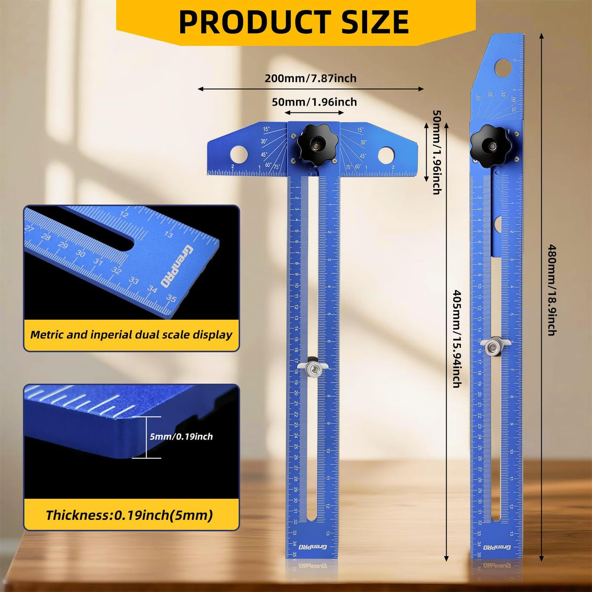 GRENPRO Speed Combination T-Square Woodworking Carpenter Angle Finder Ruler