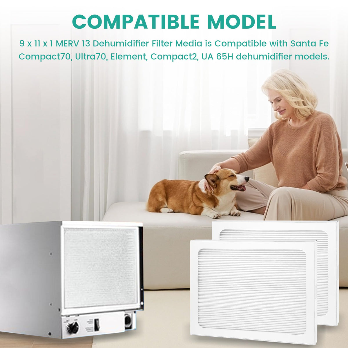 9 x 11 x 1 MERV 13 Replacement Dehumidifier Filter Compatible with Santa Fe Compact70, Ultra70, Element, Compact2, UA 65H dehumidifier Models, Upgraded