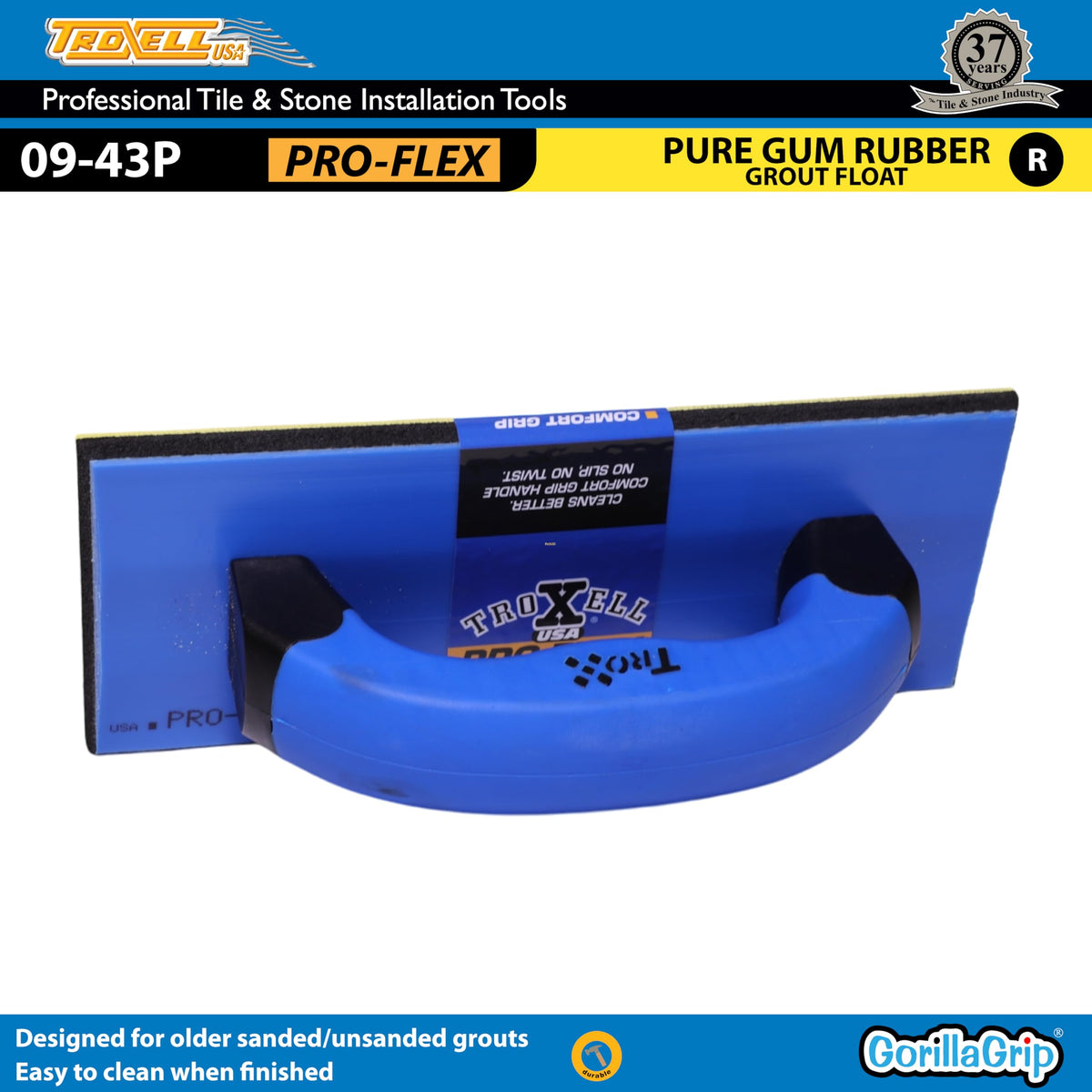 Troxell USA - 4" x 9" Gum Rubber Grout Float with SoftGrip Handle