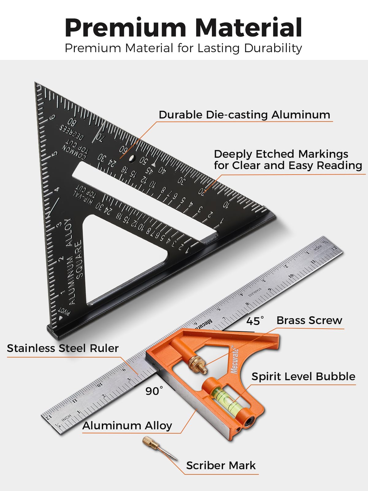 Mecurate 7-Inch Rafter Square & 12-Inch Combination Square Set