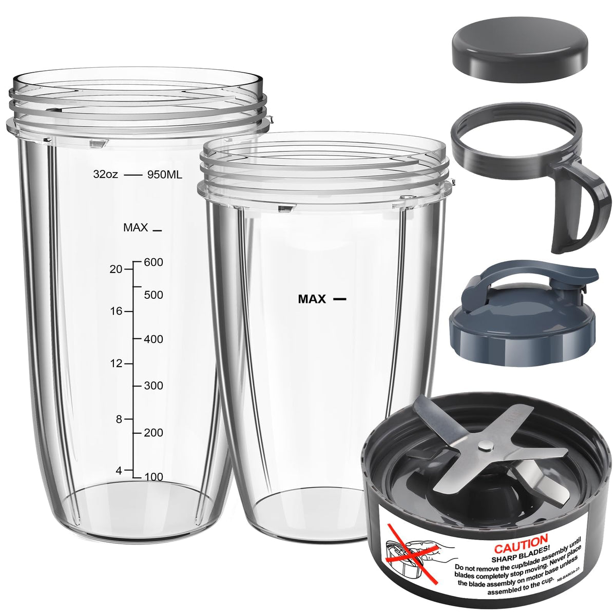 Nutribullet Blender Cups & Blade Replacement Set, 32oz & 24oz Nutribullet Cup with LidTo-Go Lid and Lip Ring, Replacement Parts for Nutri Bullet Blenders 600w & Pro 900w Accessories 6 PCS