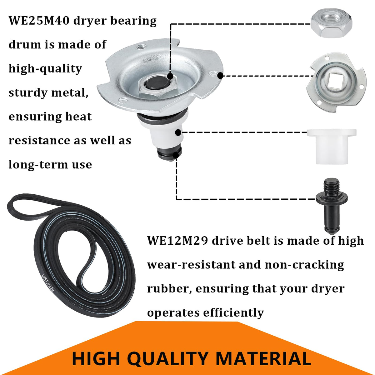 WE25X205 WE25M40 Dryer Drum Bearing Replacemnt Kit Contains WE12M29 Drum Drive Belt WE1M333 Drum Bearing Slide - Compatible With GE Hotpoint Replaces AP2619300,784658,PS267529