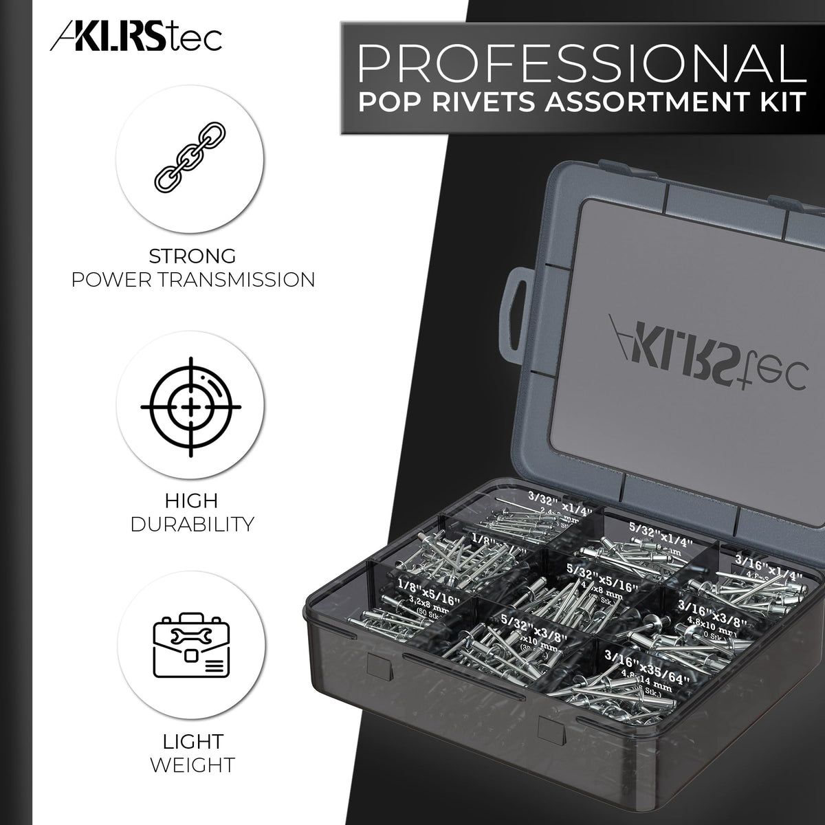 KLRStec Pop Rivets Assortment Kit, 500pcs Aluminum Blind Rivets, 4 Sizes