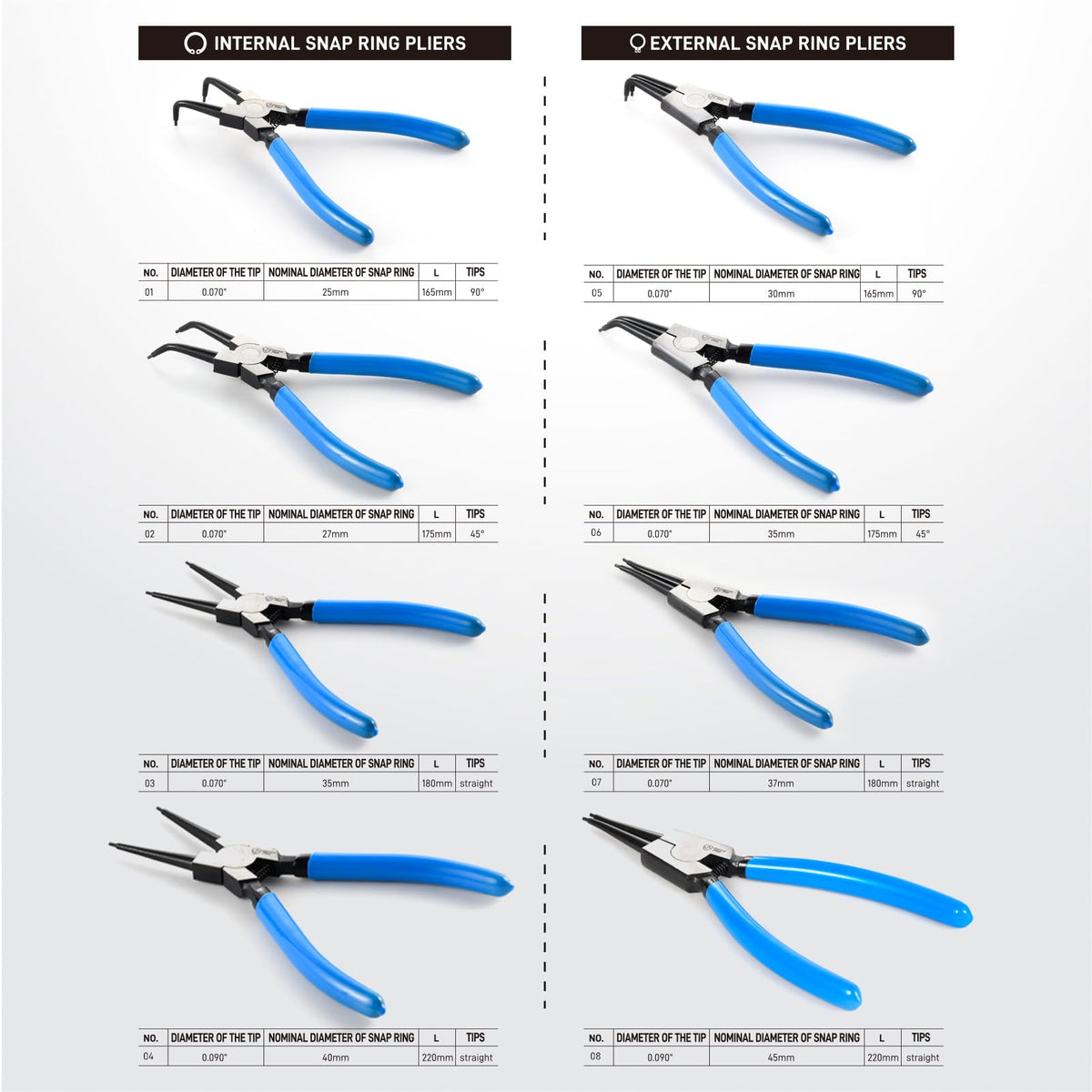 SMOTIVEPRO Precision 8PCS Snap Ring Pliers Set, 7" & 9" Internal/External