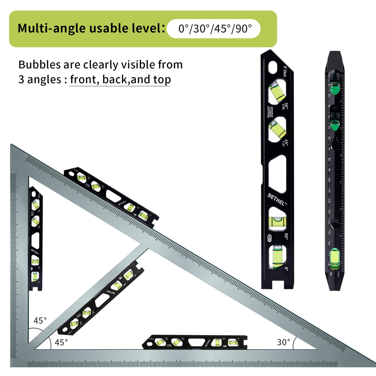 BETHEL Torpedo Level, Magnetic Conduit Level with 4 Vials, V-Groove and Magnet Track,Aluminum Alloy Construction, High Viz Black (9 inch)