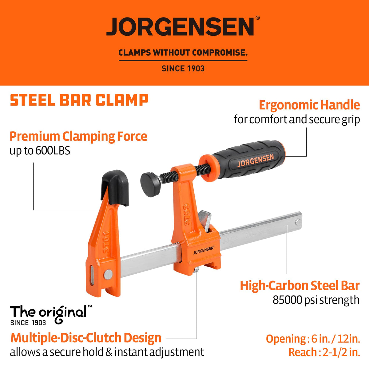 JORGENSEN 4-Pack Steel 600LBS Bar Clamps Set, 6" (2) & 12" (2) F-Clamps