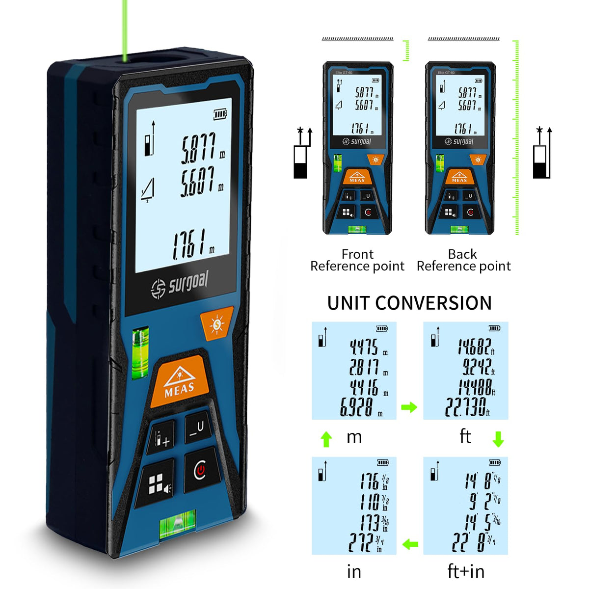 Laser Distance Measure Backlit LCD with Bubble Levels Enhanced-Bright 393FT