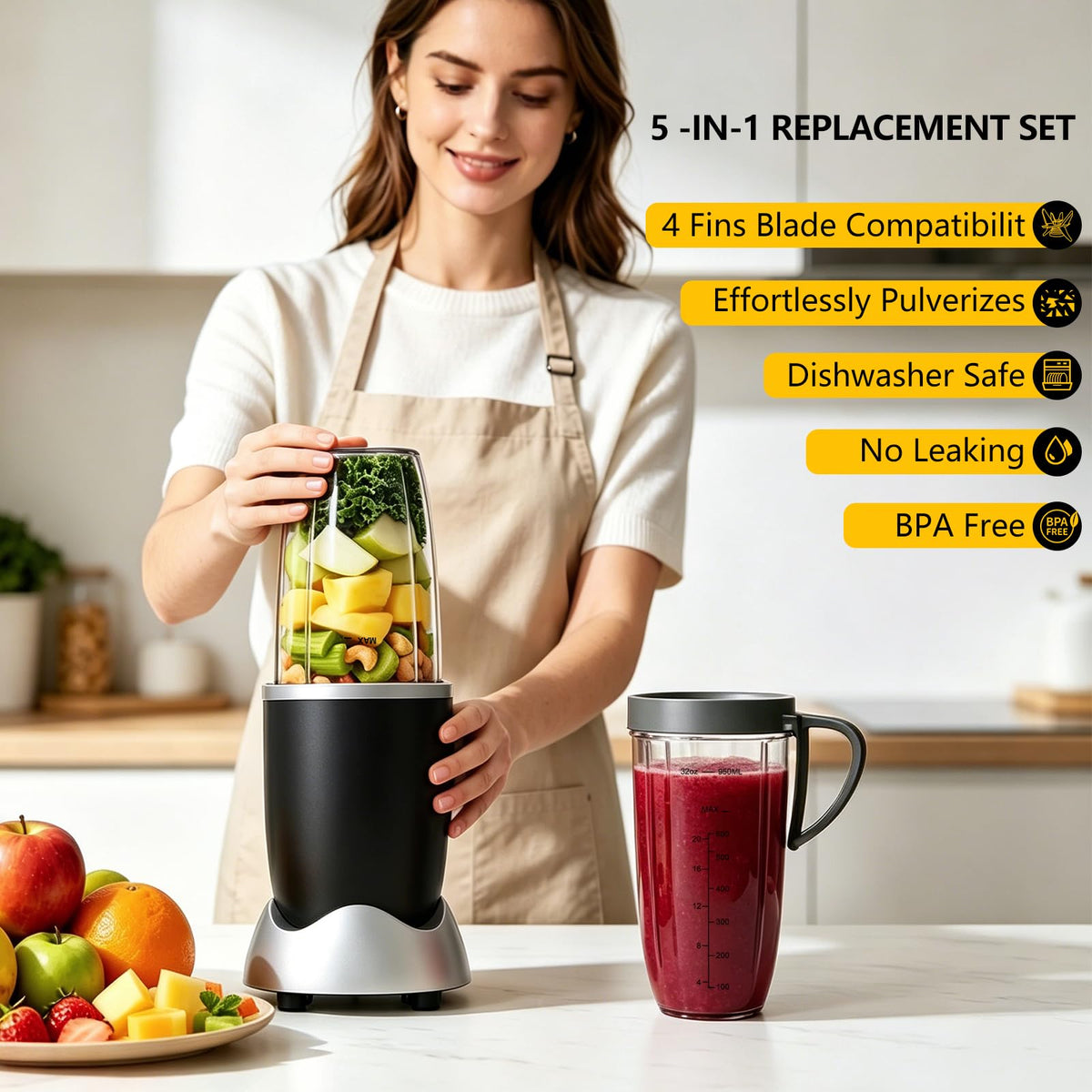 Nutribullet Blender Cups & Blade Replacement Set, 32oz & 24oz Nutribullet Cup with LidTo-Go Lid and Lip Ring, Replacement Parts for Nutri Bullet Blenders 600w & Pro 900w Accessories 6 PCS