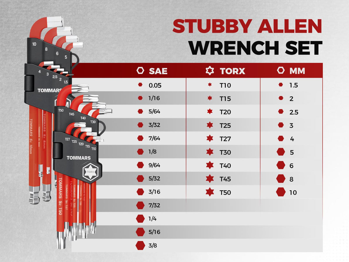 TOMMARS 31-Piece Stubby Allen Wrench Set, SAE, Metric & TORX Hex Keys