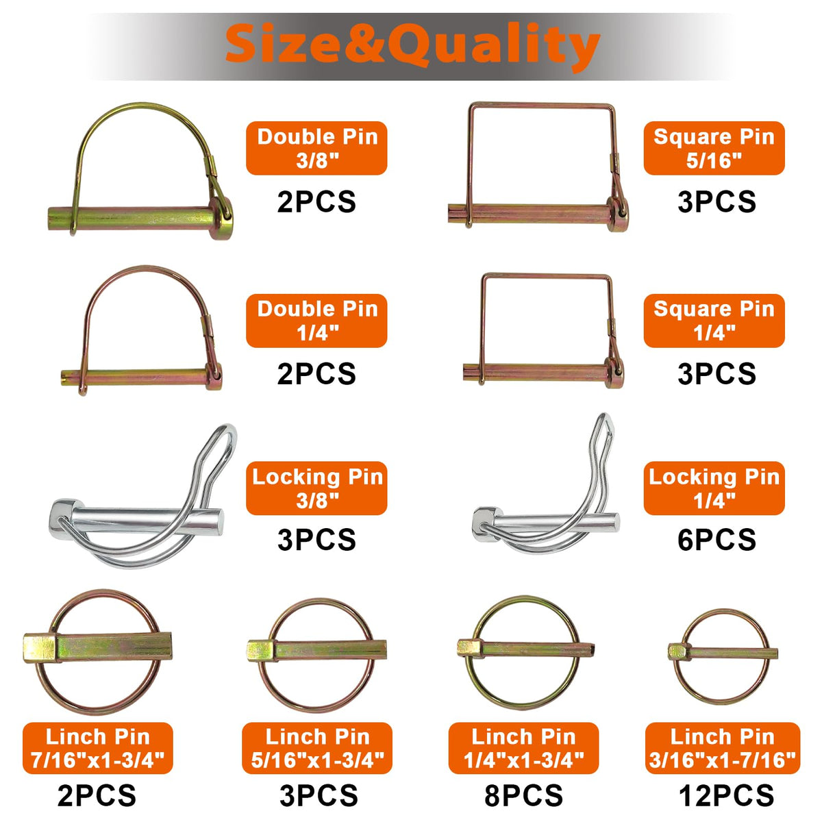 380 Pcs Heavy Duty Pin Kit, Hitch, R, Hair, Lynch, PTO Pins for Trucks, Trailers, Tractors, Mowers, Accessories, Farm, Lawn, Hitches, Garden