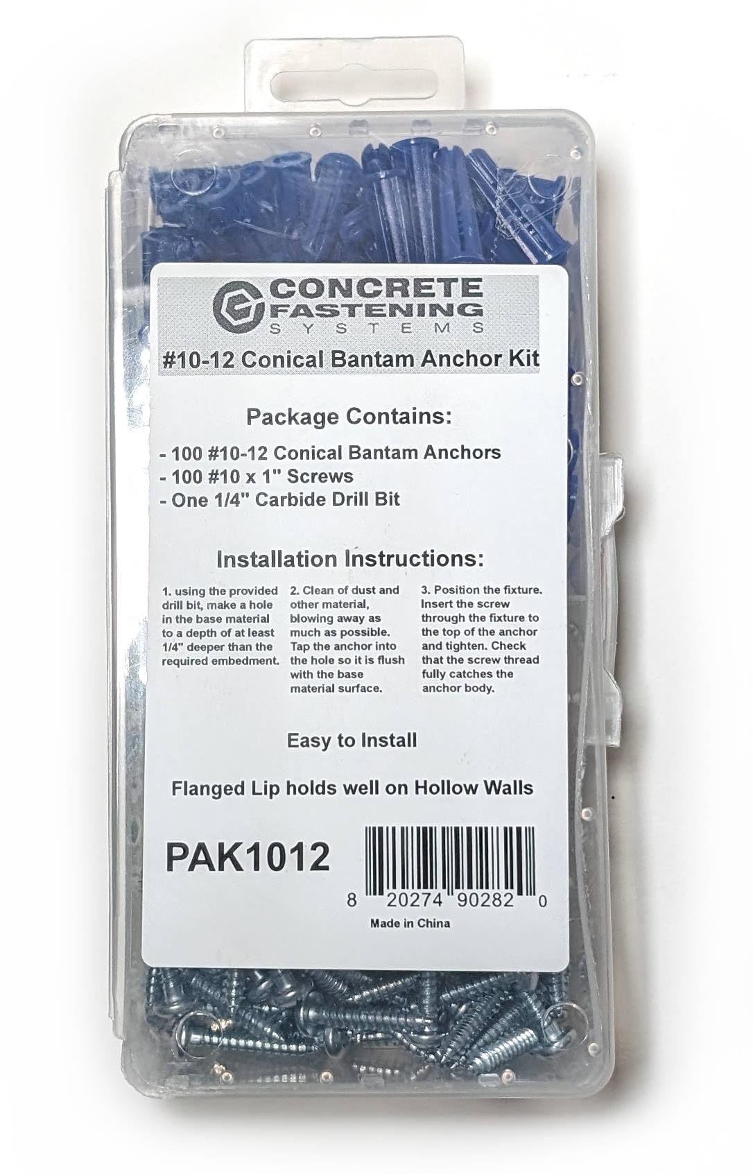 CONFAST® #10-12 Plastic Conical Blue Bantam Drywall Wall Anchor Kit PAK1012, Includes (100) Anchors, (100) Screws and (1) Drill bit (201 Pieces)