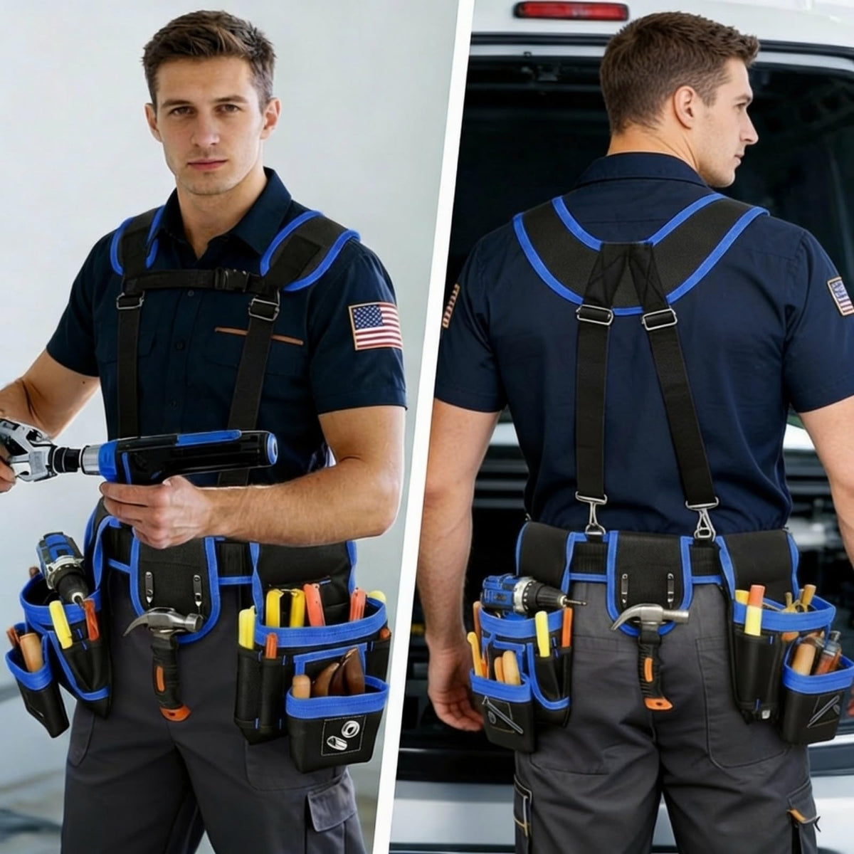 Magnetic Tool Belt, Heavy Duty Tool Pouch for men Magnet Holster Nail Utility Toolbelt Adjustable Waist Holder for Handyman Contractor (26 pockets with suspenders) (Blue)