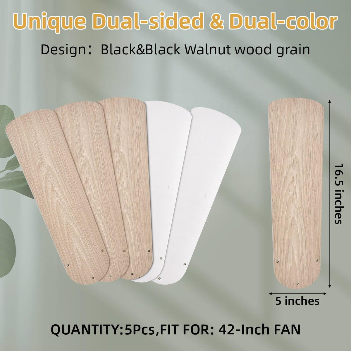 UPSEED 5 Pcs 42 Inch Ceiling Fan Replacement Blades, Sturdy Wood Blades