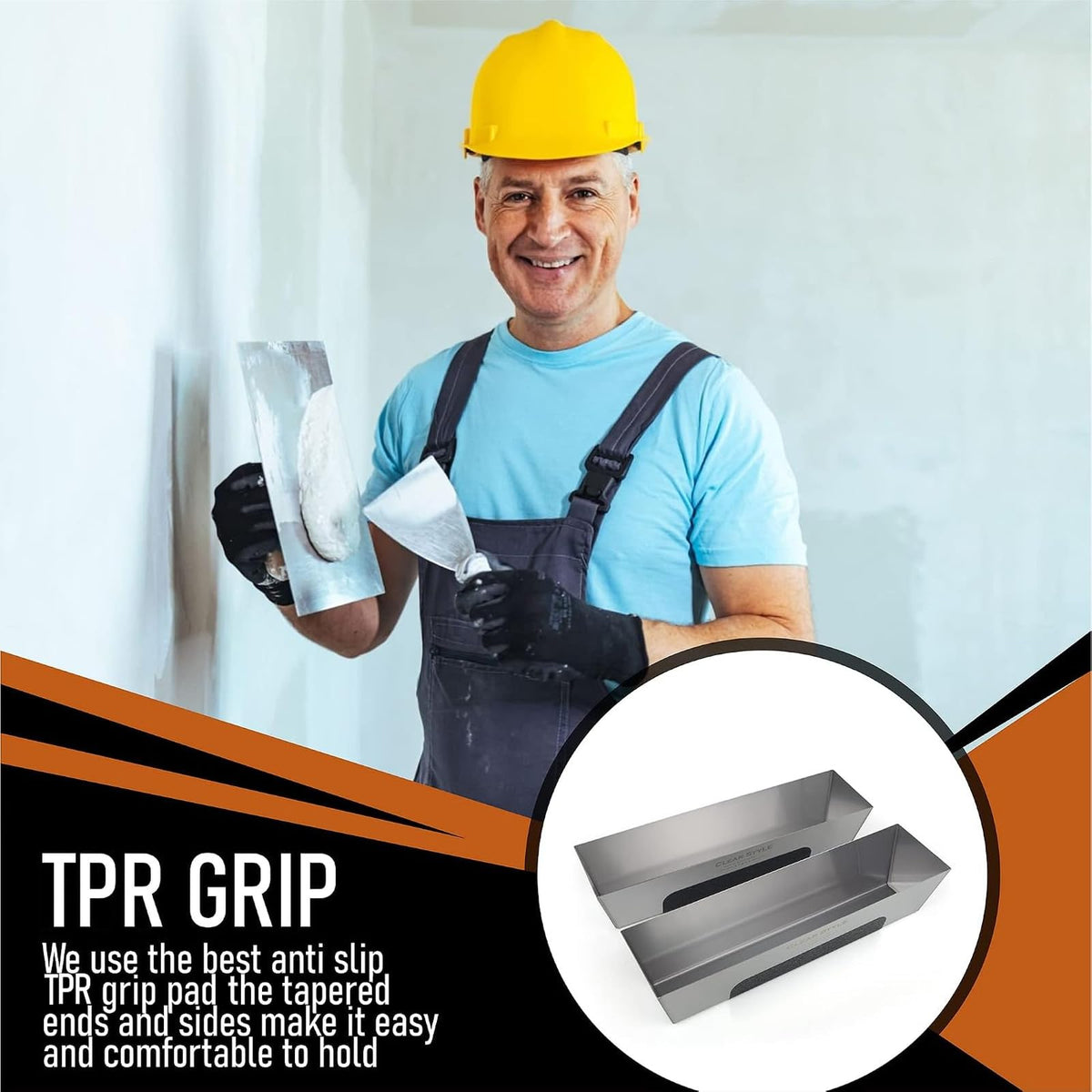 CLEAR STYLE 14 Inch Drywall Mud Pan 2 Pack, Stainless Steel Taping Pans with TPR Anti-Slip Grip, Rust-Resistant Mud Trays for Joint Compound, Plaster, Tile and Grout