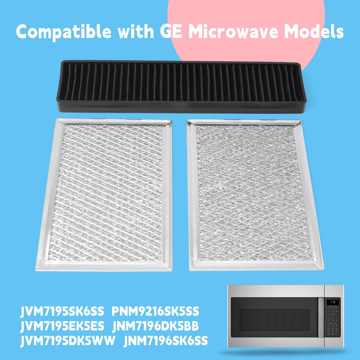 GLOXTED Microwave Filter Set Compatible with GE JVM7195SK6SS PNM9216SK5SS JVM7195EK5ES JNM7196DK5BB JVM7195DK5WW JNM7196SK6SS Microwave Oven Grease & Charcoal Filters Replacement Part, 3 Pack