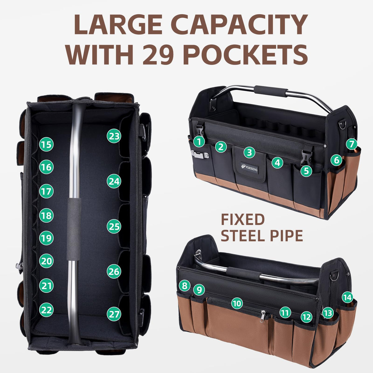 VSHXENG 20 Inch Tool Bag, Foldable 19 Pockets Tool Tote Bags with Tool Organizer with Adjustable Shoulder Strap, Easy Carry and Easy Tool Access Open Top Tool Bag